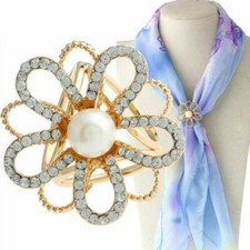 Women Silk Scarf Clip Brooch Pin Crystal Rhinestone Pearl Flower Buckle Ring