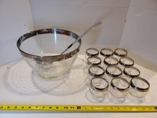 Vintage MCM Dorothy Thorpe Punch Bowl, Laddle, & 12 Glasses - Silver Color Rim 