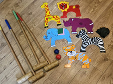 Wooden Croquet Set 4 Player Mallets 2 Balls 6 Wooden Animals Hoops GC