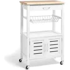 White Wood & Oak Top Kitchen Island Trolley on Wheels with Storage & Cabinet