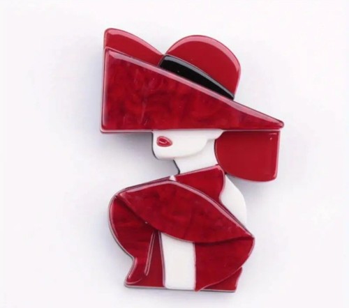Acrylic red lady brooch - red,
