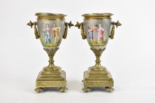 Pair Of Antique Brass Mantle Urns W Couples Painting 10" Tall Levelling Feet