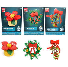 Set of THREE Poinsetta Wreath & Mistletoe Christmas Flower Building Block Models