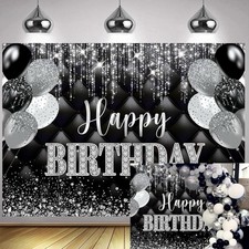 Black Silver Happy Birthday Backdrop 7x5FT Black and Silver Glitter Photography