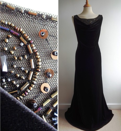 Black velour beaded dress - velour, long