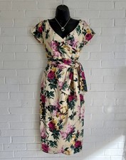 Pinup Couture Ava Satin Cream Floral Midi Dress, SZ S EUC