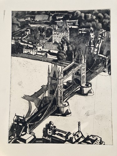Vintage etching tower - vintage, bridge