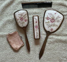 Vintage Dressing Table Petit Point Mirror, Brush, Comb and Purse.