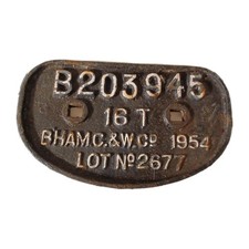 Railwayana Cast Iron Wagon D Plate  B203945 16T Bham C.&W.Co 1954 Lot No. 267