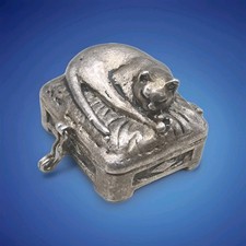 Vintage Silver Toned Pill/Trinket Box With Sleeping Cat On Lid