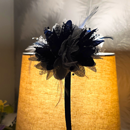 Navy white silver floral net - white,