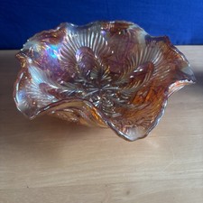 Vintage Marigold Orange Carnival Glass Ruffled Bowl - Candy Dish - 8”