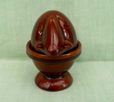 Glossy brown Denmead Pottery egg cup & big nose cover