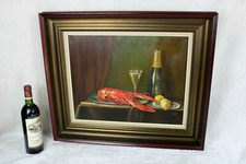 Oil canvas still life painting lobster wine dinner  signed dated 1977 