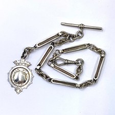 Antique Sterling Silver Single Albert Pocket Watch Chain With Fancy Links
