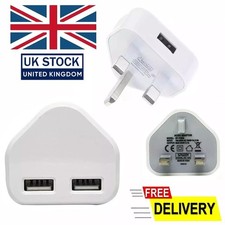 Fast Dual 2 Port USB Charger With 3 Pin UK Mains Wall Plug Adapter Fast Charging