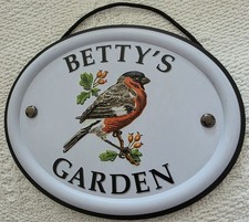 Betty's Garden with bullfinch - embossed metal garden sign