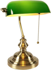 Green Glass Bankers Desk Lamp with Pull Chain Switch Plug in Fixture Satin Brass