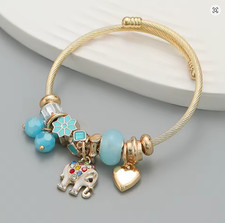 Blue Elephant Charm Bracelet Women Panjiadora Style Gold Beaded Bangle Jewelry