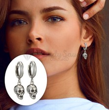Sterling Silver Gothic Punk Skull Head Earrings Dangle Drop Hoop Stud Jewelry