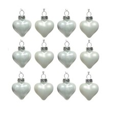 12 Mini Heart Shape Bauble Real Glass Winter White Christmas Tree Ornament 4.5cm