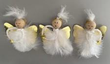 Angel Christmas Tree Decorations x3 Wooden Feathers Card Wings Gold White