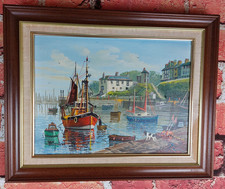 W.H. Stockman Harbour Scene Framed Canvas – British Coastal Art 54 × 44 cm