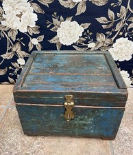 Antique Indian Dowry Box Vintage Merchant Trunk Solid Hardwood Painted Chest