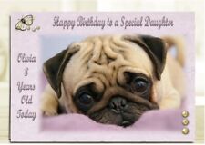 Personalised birthday card Pug puppy on a pink blanket with please love me eyes