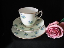 Vintage Adderley Bone China Trio Cup Saucer  & Tea Plate Green with Blue Flowers
