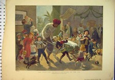 Original Old Antique Print 1889 Colour Yule Log India Children Ice Party Dog