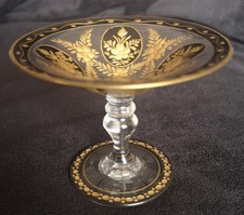 Antique Moser Czech Bohemian Intaglio Cut Blown Crystal Gold Taza Compote