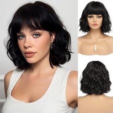 Short Wavy Black Bob Wig with