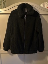 Primark Womens Zip Up Borg Teddy Style Bomber Jacket Coat Pockets Black Medium