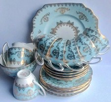 VINTAGE GLADSTONE BONE CHINA PALE BLUE GILDED 20 PIECE TEA SET (25B)