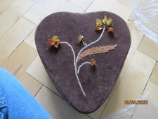 Brown velvet heart shaped padded sewing accessory box - 9" x 10" x 3"