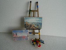 (HP6) 1/12th scale DOLLS HOUSE WOODEN EASEL,TWO PICTURES & HANDMADE PALETTE