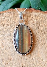 Sterling Silver Rainbow Fluorite Pendant Necklace Large Vintage 50 Cm Chain