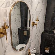 Mounted Industrial Style Oval Wall Mirror Brushed Golden Metal Frame 70cm Mirror