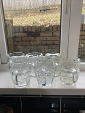 6x Traditional Glass Barrel Shaped Handled Beer Mug • Dimple Pint Glasses.