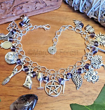 Witches Charm Bracelet Pagan Wiccan Witchy Bracelet purple glass crystal