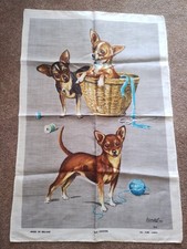 Lamont Irish Linen DOGS PUPPIES PUPPY KNITTING linen tea towel Vintage 