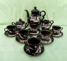 Japanese moriage 15 piece coffee set - dragons on glossy black