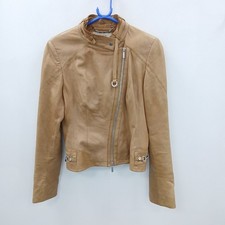 Karen Millen Leather Biker Jacket UK 12 Tan Beige Zip Up RMF31-RP