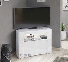Corner TV Stand White High Gloss &Matt Unit Small Cabinet LED Lights Clifton 07