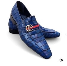 Handmade men navy blue crocodile shoes, crocodile textured leather for mens