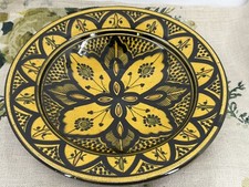 VINTAGE hand painted SAFI MOROCCAN pottery black and yellow bowl dish 8 1/2"