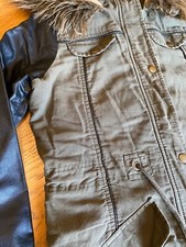 Boohoo ladies khaki parka jacket size 8, leather sleeve, fleece lined
