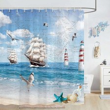 Nautical Ship Seagull Lighthouse Extra Long Fabric Shower Curtain Waterproof
