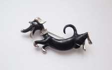 BN Vintage 1980's Gold Metal & Black Enamel Happy Dachshund Dog Brooch Deadstock